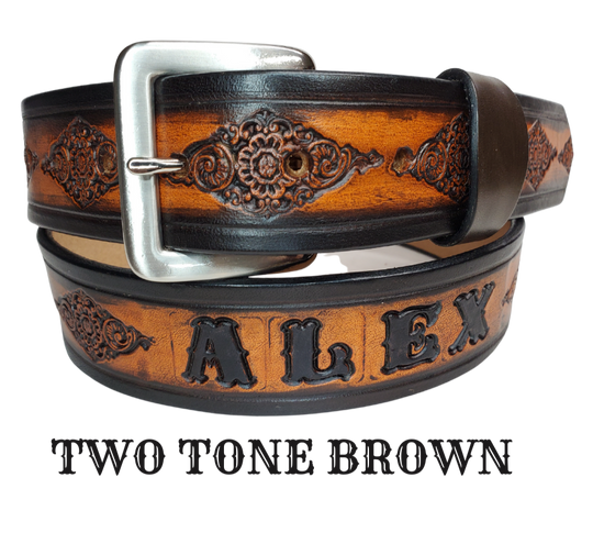 Be bold and daring with this 1 1/2" belt! Featuring an intricately crafted Diamonds pattern from full grain American vegetable tanned cowhide, an antique nickle plated solid brass buckle, and smooth, burnished painted edges, it's sure to make a statement. Customize it with a maximum of 10 letters for a truly unique look. Effortlessly change the buckle snap if desired. Handcrafted in our Smyrna, TN, USA shop, a short drive from downtown Nashville.