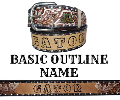 The Dimestore Cowboy leather belt is a classic Vintage Throwback Style Western belt. Complete with silver Buck Stitching and a embossed eagle design in Black/Antique White/Blue coloring. A 1 1/2" width Full grain vegetable tanned cowhide, Width 1 1/2" and includes Nickle plated  buckle Smooth burnished painted edges. Buckle snaps in place for easy changing if desired. In stock at our Smyrna, TN shop.