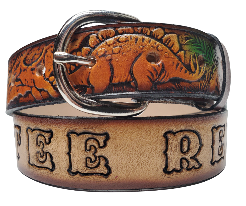 Kid's Dinosaur Leather Name Belt Quick Ship CLOSEOUT!