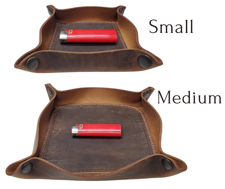 Our Rustic Distressed Leather Valet Tray, crafted in Smyrna, TN, easily folds flat by unsnapping its four Antique Brass snaps—perfect for travel. Its handy 4" x 4" size keeps your everyday essentials like keys and wallet organized. It pairs effortlessly with any style. Colors my vary.

Med. Approx. 8"x 8" (snapped)
Small Approx. 4.5"x 4.5" (snapped)