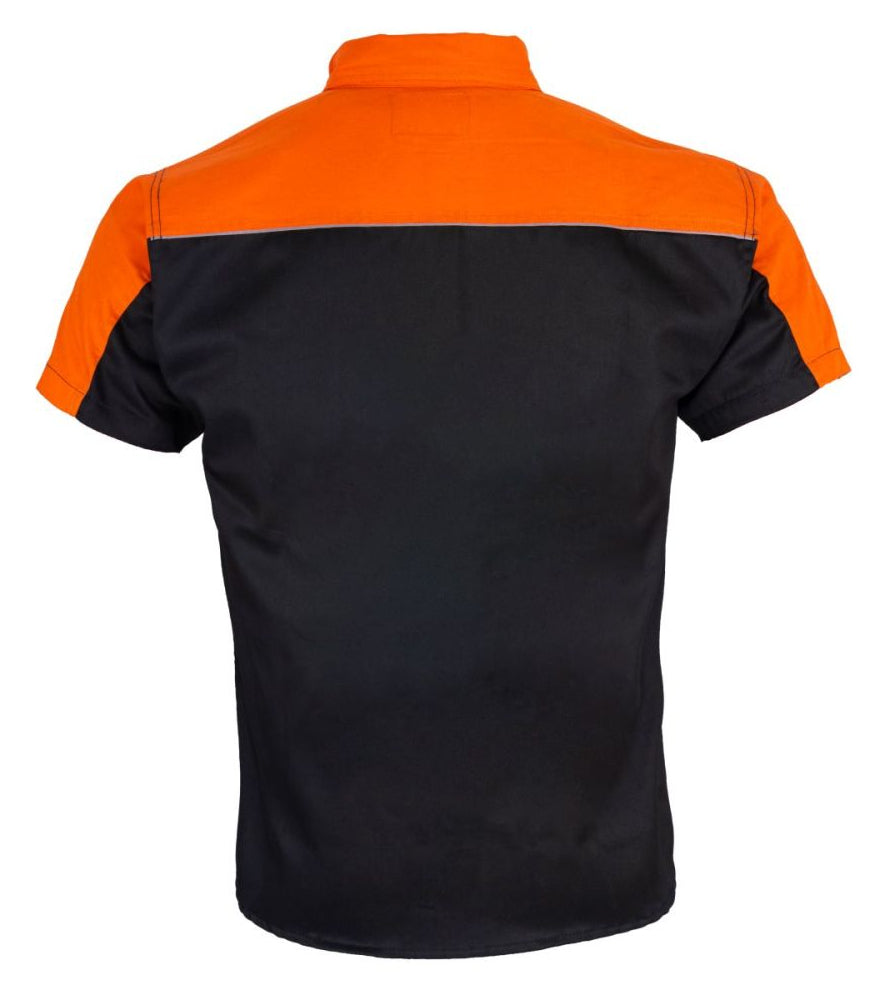 Orange accented with a button-up front and reflective piping across back. Now in stock at our Smyrna, TN not far from Bumpus HD in Murfreesboro.

Mechanic Short Sleeve Motorcycle Shirt Orange and Black Buttoned front
Machine Wash Tumble Dry Classic Style Automotive work
Shirt Reflector in Back and Two Chest Pockets
Stain Release Wrinkle Resistant Fabric Button down collar to keep it from slapping on face at high speeds, unlike others out there