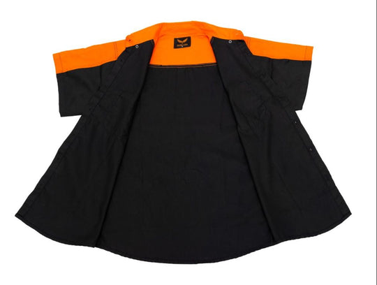 Orange accented with a button-up front and reflective piping across back. Now in stock at our Smyrna, TN not far from Bumpus HD in Murfreesboro.

Mechanic Short Sleeve Motorcycle Shirt Orange and Black Buttoned front
Machine Wash Tumble Dry Classic Style Automotive work
Shirt Reflector in Back and Two Chest Pockets
Stain Release Wrinkle Resistant Fabric Button down collar to keep it from slapping on face at high speeds, unlike others out there