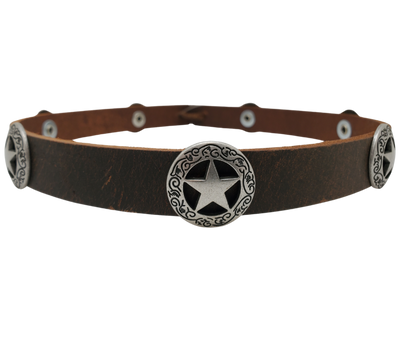 Dodge City was home to gamblers, gunslingers, and cattlemen and the Sheriff Star kept them all in line. The hatband is 3/4" wide by 23" (without tie string). Available in black or Distressed brown, pick one or a few. Fit's most any hat with adjustable bead and leather 1/8" string. Will fit most TOP HAT style and WESTERN crowned hats. Made in our Smyrna Tn. shop.