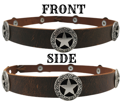 Dodge City was home to gamblers, gunslingers, and cattlemen and the Sheriff Star kept them all in line. The hatband is 3/4" wide by 23" (without tie string). Available in black or Distressed brown, pick one or a few. Fit's most any hat with adjustable bead and leather 1/8" string. Will fit most TOP HAT style and WESTERN crowned hats. Made in our Smyrna Tn. shop.