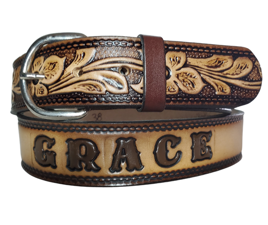 The Dogwood leather belt is the Iconic Flower Pattern with Brown fade into a Natural Leather finish. Available in a 1 1/2" width. Full grain vegetable tanned cowhide, Width 1 1/2" and includes Nickle plated  buckle Smooth burnished painted edges. Made in USA! For name Type name or No Name in "Type Name Here" section. Buckle snaps in place for easy changing if desired. In stock at our Smyrna, TN shop.