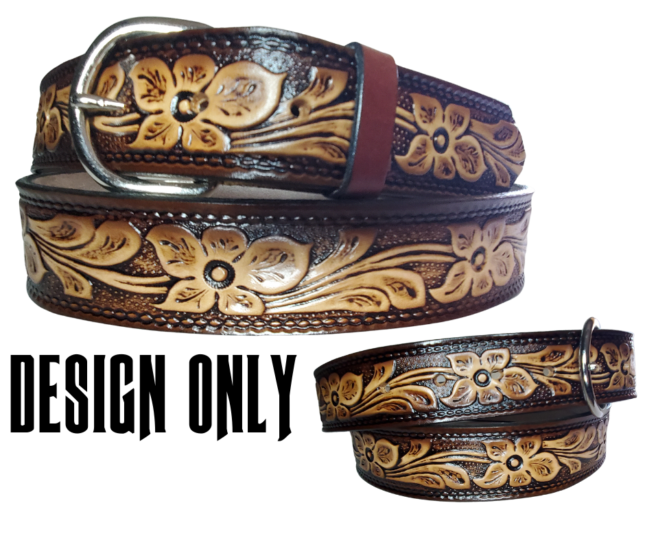The Dogwood leather belt is the Iconic Flower Pattern with Brown fade into a Natural Leather finish. Available in a 1 1/2" width. Full grain vegetable tanned cowhide, Width 1 1/2" and includes Nickle plated  buckle Smooth burnished painted edges. Made in USA! For name Type name or No Name in "Type Name Here" section. Buckle snaps in place for easy changing if desired. In stock at our Smyrna, TN shop.
