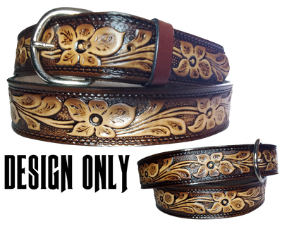 The Dogwood leather belt is the Iconic Flower Pattern with Brown fade into a Natural Leather finish. Available in a 1 1/2" width. Full grain vegetable tanned cowhide, Width 1 1/2" and includes Nickle plated  buckle Smooth burnished painted edges. Made in USA! For name Type name or No Name in "Type Name Here" section. Buckle snaps in place for easy changing if desired. In stock at our Smyrna, TN shop.