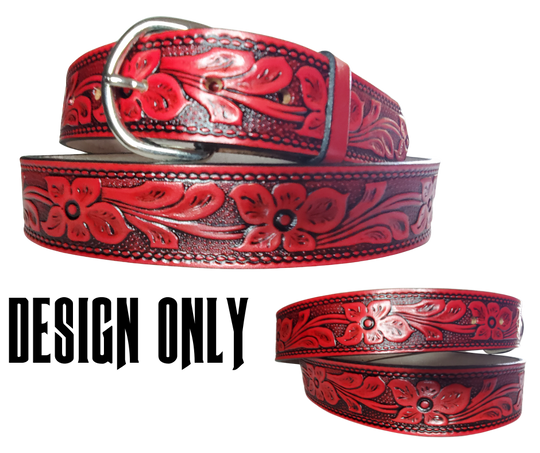 The Dogwood leather belt is the Iconic Flower Pattern with Deep Red Antiqued finish. Available in a 1 1/2" width. Full grain vegetable tanned cowhide, Width 1 1/2" and includes Nickle plated  buckle Smooth burnished painted edges. Made in USA! For name Type name or No Name in "Type Name Here" section, Buckle snaps in place for easy changing if desired. In stock at our Smyrna, TN shop.