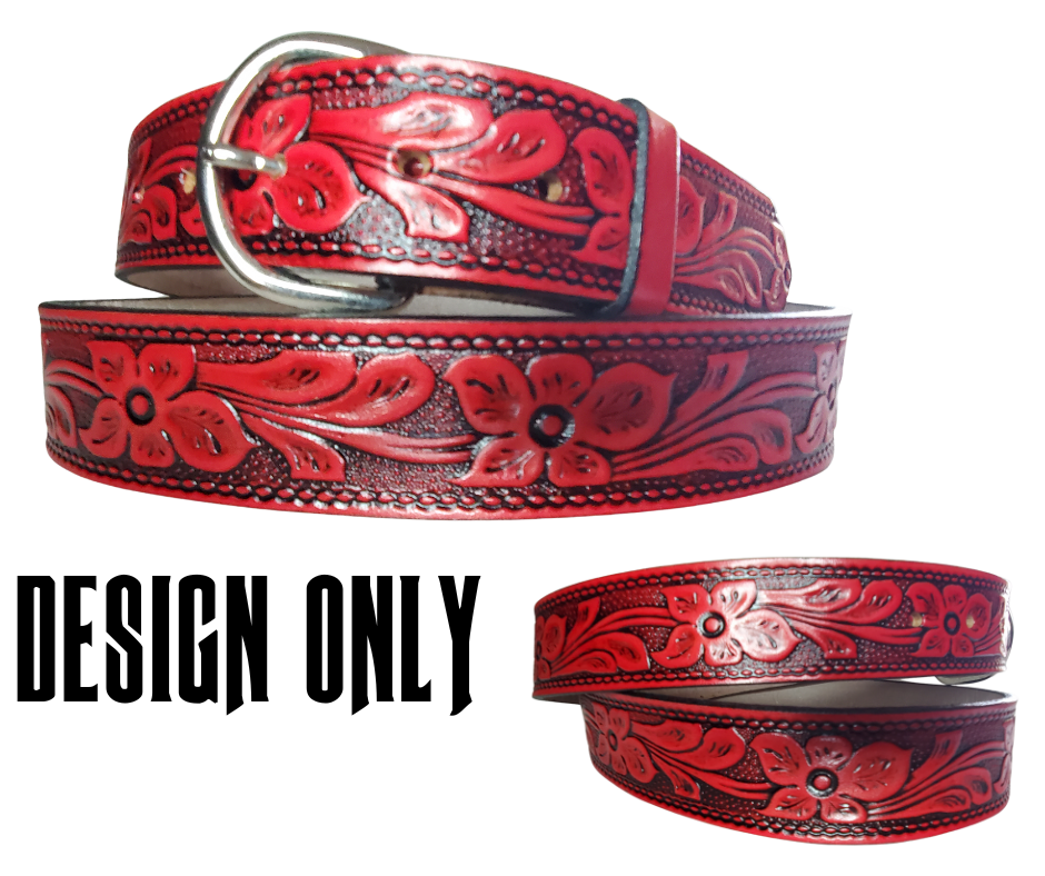 The Dogwood leather belt is the Iconic Flower Pattern with Deep Red Antiqued finish. Available in a 1 1/2" width. Full grain vegetable tanned cowhide, Width 1 1/2" and includes Nickle plated  buckle Smooth burnished painted edges. Made in USA! For name Type name or No Name in "Type Name Here" section, Buckle snaps in place for easy changing if desired. In stock at our Smyrna, TN shop.