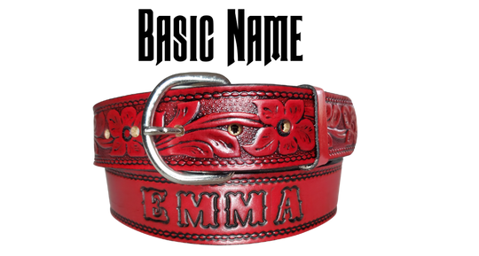 The Dogwood leather belt is the Iconic Flower Pattern with Deep Red Antiqued finish. Available in a 1 1/2" width. Full grain vegetable tanned cowhide, Width 1 1/2" and includes Nickle plated  buckle Smooth burnished painted edges. Made in USA! For name Type name or No Name in "Type Name Here" section, Buckle snaps in place for easy changing if desired. In stock at our Smyrna, TN shop.