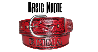 The Dogwood leather belt is the Iconic Flower Pattern with Deep Red Antiqued finish. Available in a 1 1/2" width. Full grain vegetable tanned cowhide, Width 1 1/2" and includes Nickle plated  buckle Smooth burnished painted edges. Made in USA! For name Type name or No Name in "Type Name Here" section, Buckle snaps in place for easy changing if desired. In stock at our Smyrna, TN shop.
