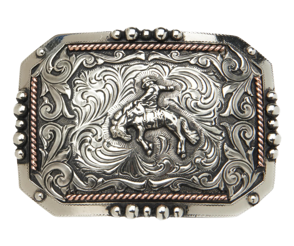 If your in rodeo you know a drop makes for a more difficult ride! This buckle is full on Western with accents of copper and a partially beaded edge, measuring 4" in width and 2 7/8" in height to fit belts up to 1 3/4" wide. Visit our shop in Smyrna, TN, conveniently located near downtown Nashville, to discover this and other one-of-a-kind belt buckles.