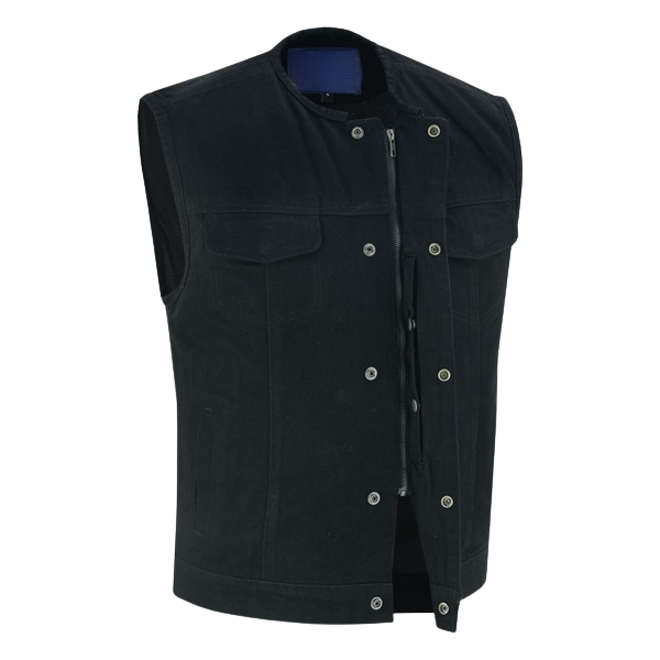 With the Rowdy Rod Black Denim Vest you get the look but not the weight of most leather club vests. Perfect for any motorcycle ride. Crafted from jean weight denim, this vest features convenient conceal carry pockets on the inside and a 1 panel back for comfort and style. The snap front and zip closure add to the overall appeal. Find it at our leather shop in Smyrna, TN, near Nashville in sizes small to 8x.
