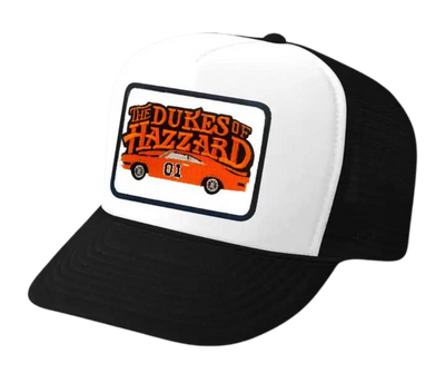 Bo and Luke Duke, who live in rural Georgia and are on probationfor moonshining. The "Duke Boys" always outwit a corrupt sheriff and greedy rich "city slickers. Wear your southern attitude with our Black and White Vintage Foam Trucker style mesh cap, inspired by the iconic TV show. Get yours today at our Smyrna, TN store or online.