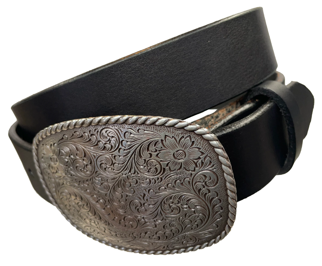 This rectangular shaped buckle has rounded edges with rope design around the border. It is chrome colored with scroll design etched appearance on surface.  Measures 2 3/4" tall by 3 3/4" wide and fits belts up to 1 1/2" wide. Buckle is made in Taiwan. Belt is a single strip of leather that is 1 1/2" wide and available in sizes 34" to 44". Colors are distressed brown, black, and dark brown. Available online and in our shop in Smyrna, TN, just outside Nashville.