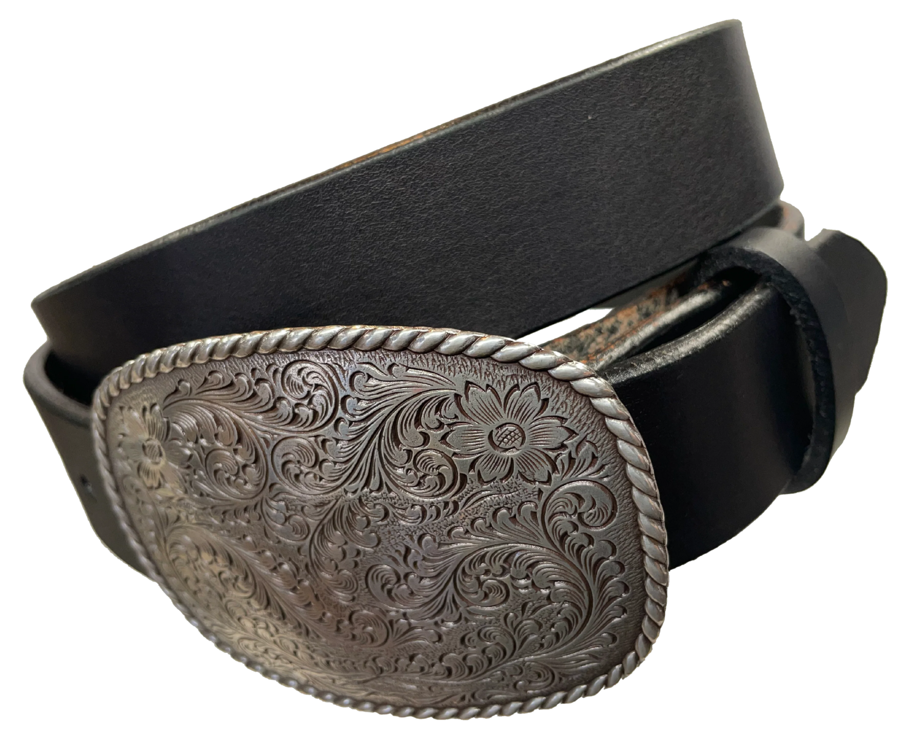 This rectangular shaped buckle has rounded edges with rope design around the border. It is chrome colored with scroll design etched appearance on surface.  Measures 2 3/4" tall by 3 3/4" wide and fits belts up to 1 1/2" wide. Buckle is made in Taiwan. Belt is a single strip of leather that is 1 1/2" wide and available in sizes 34" to 44". Colors are distressed brown, black, and dark brown. Available online and in our shop in Smyrna, TN, just outside Nashville.