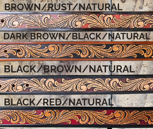 A close-up of decorative painted wooden boards showing different finish options labeled with text such as BROWN/RUST/NATURAL, DARK BROWN/BLACK/NATURAL, BLACK/BROWN/NATURAL, and BLACK/RED/NATURAL.