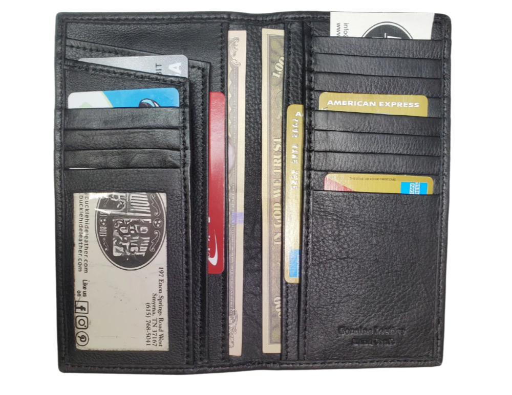 The "Derringer" is a popular Long Style Bi-fold Wallet in black, and lined with RFID blocking fabric. It's a thinned Cowhide LEATHER with nylon lining for a lighter weight and slimmer profile! Inside are 12 nylon lined card slots with an I.D. slot, 2 open slots, and 3 underneath cash slots, for all your important stash. Size is 6 3/4" x 3 1/2" closed, and 7 1/2" x 6 3/4" fully open. Like most wallets over stuffing will limit the time of use. Imported