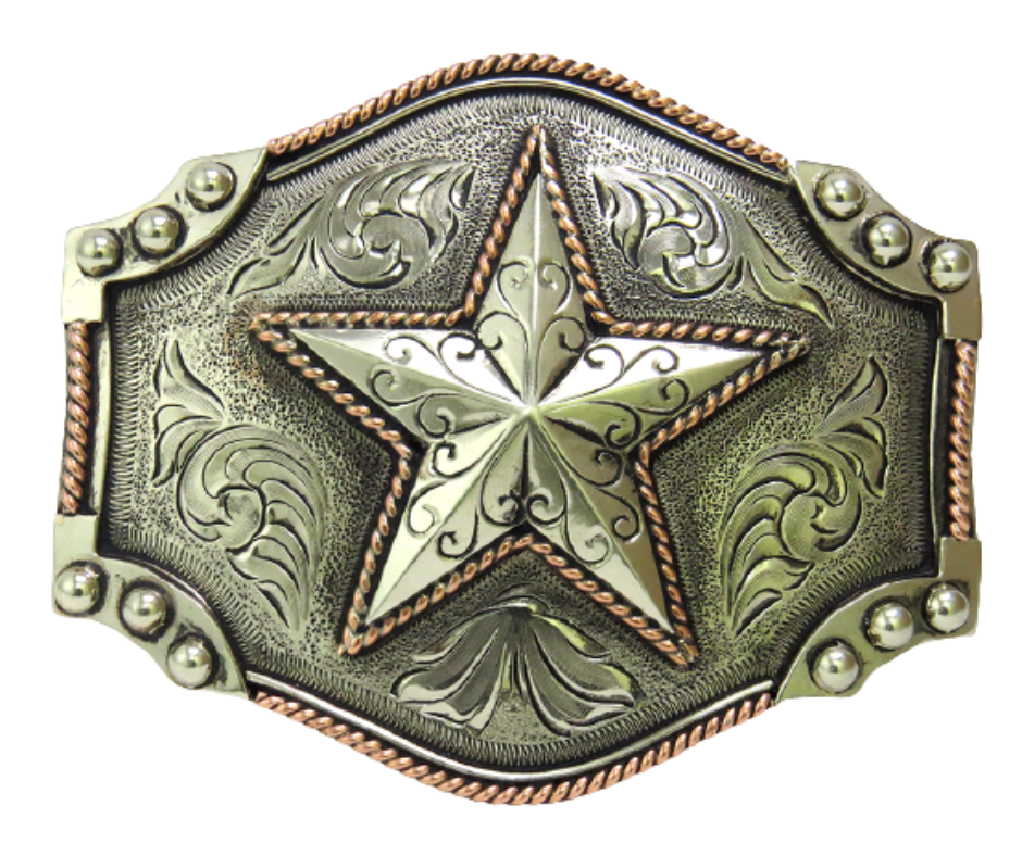 The Desert Star buckle is made from German Silver (nickel and brass alloy) or iron metal base. Each piece is punched, cut, soldered, engraved, polished and painted by our talented metal workers.  Our products are all handcrafted.  Finally each piece is covered with a heat sealed lacquer to ensure the piece's long lasting qualities. Available at our Smyrna, TN shop just outside of Nashville.
Approx. Width 4” Height 3”