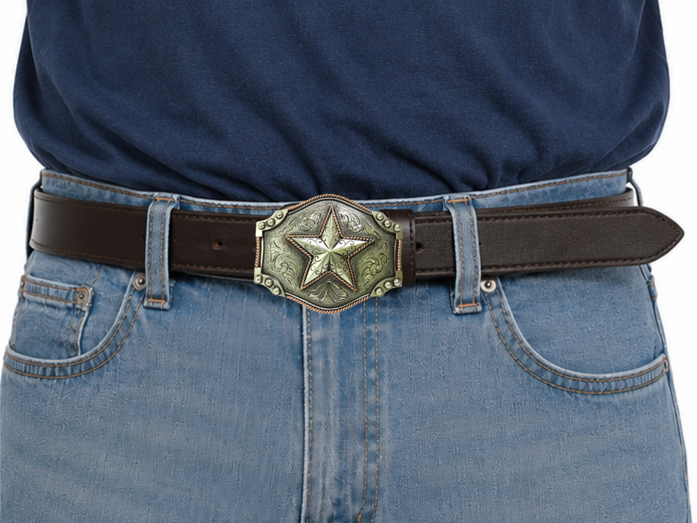 The Desert Star buckle is made from German Silver (nickel and brass alloy) or iron metal base. Each piece is punched, cut, soldered, engraved, polished and painted by our talented metal workers.  Our products are all handcrafted.  Finally each piece is covered with a heat sealed lacquer to ensure the piece's long lasting qualities. Available at our Smyrna, TN shop just outside of Nashville.
Approx. Width 4” Height 3”