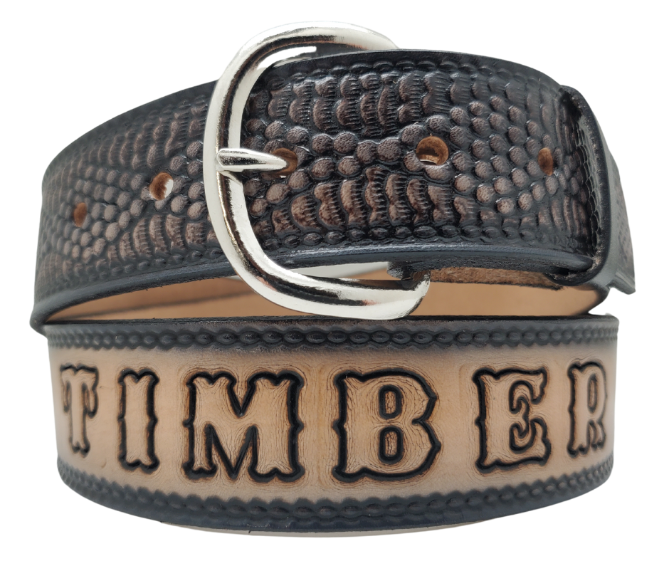 Diamondback personalized Western leather belt with rattlesnake pattern
