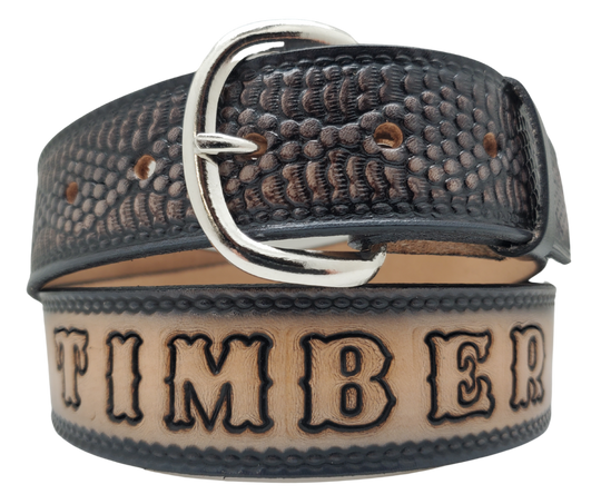 Diamondback personalized Western leather belt with rattlesnake pattern