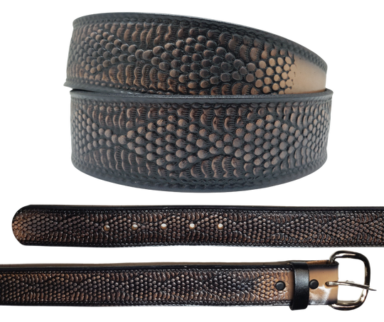 Diamondback name leather belt side view and view of each end