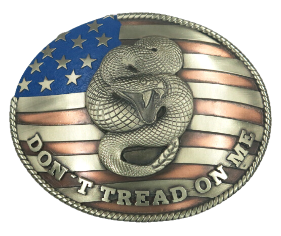 The Don't Tread buckle is made from German Silver (nickel and brass alloy) or iron metal base. Each piece is punched, cut, soldered, engraved, polished and painted by our talented metal workers. Our products are all In order to give you the quality and long lasting final product we also. Available at our Smyrna, TN shop just outside of Nashville.