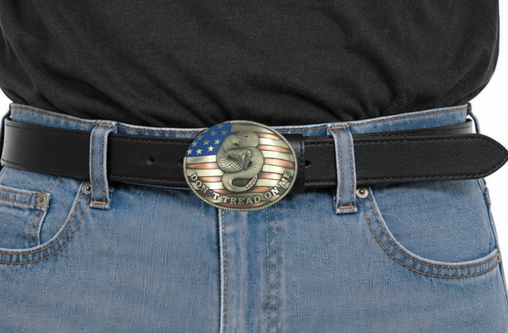 The Don't Tread buckle is made from German Silver (nickel and brass alloy) or iron metal base. Each piece is punched, cut, soldered, engraved, polished and painted by our talented metal workers. Our products are all In order to give you the quality and long lasting final product we also. Available at our Smyrna, TN shop just outside of Nashville.