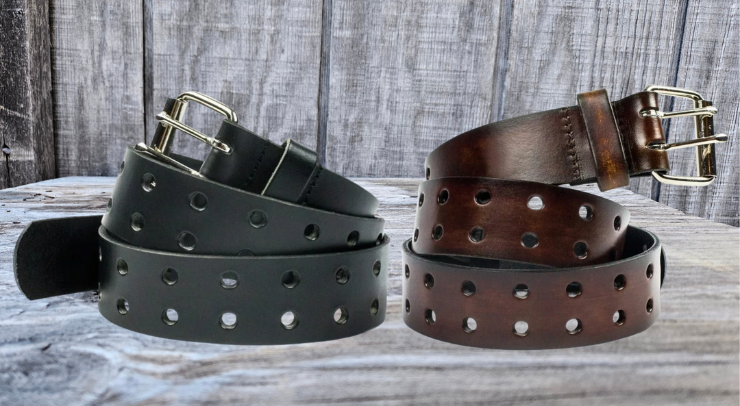 This solid strip of top grain leather has a satin finish surface, and a width of 1 1/2". Will soften with normal wear. Sizes available are 34" to 44" from buckle end to hole most worn. Features double holes the entire length of the strap! The roller buckle is easy on the leather, protecting the strap from undue creasing and scratching. Chrome plated buckle is stitched to leather strap. One of a few USA made belts not produced in our Smyrna TN shop. Made in USA