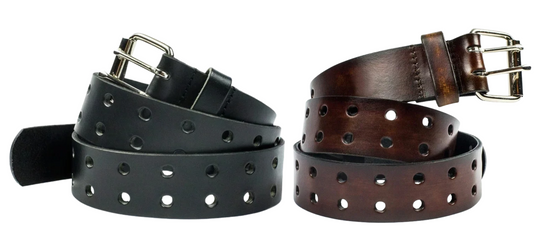 This solid strip of top grain leather has a satin finish surface, and a width of 1 1/2". Will soften with normal wear. Sizes available are 34" to 44" from buckle end to hole most worn. Features double holes the entire length of the strap! The roller buckle is easy on the leather, protecting the strap from undue creasing and scratching. Chrome plated buckle is stitched to leather strap. One of a few USA made belts not produced in our Smyrna TN shop. Made in USA