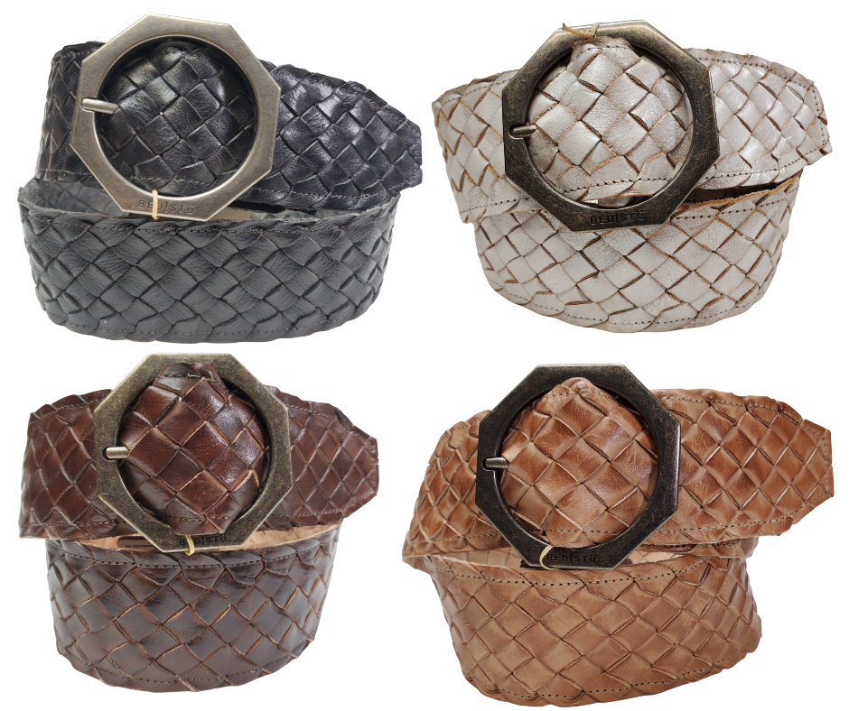 All 4 - The Dreamweaver Wide braid distressed leather belt adorned with a octagon shaped metal buckle, the effortlessly infuses a touch of Vintage and Boho into your style. Whether worn on the waist or the hip, this belt stands as a remarkable addition to any wardrobe. Now stocked at our Smyrna, TN shop not far from 12th Ave. in Nashville.