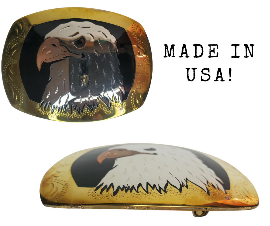 The Bald Eagle a symbol of the USA where this buckle is made! Handmade of German silver, a copper Eagle beak with a black resin inlay background and brass border.  rectangular buckle with a 2 3/4 x 3 “ size.  Available in our Smyrna TN shop just outside of Nashville.