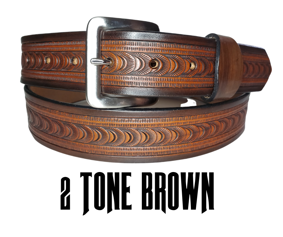 "The East Ridge" handmade all leather belt is made from a single strip of Veg-tan cowhide. The hand finished Veg-tan that is 9-10 oz., or approx. 1/8" thick in 3 color options.  The width is 1 1/2". The antique nickel plated solid brass buckle is snapped in place. This belt is made just outside Nashville in Smyrna, TN. Perfect for casual and dress wear, it can be for personal use or for groomsman gifts or other gifts as well.