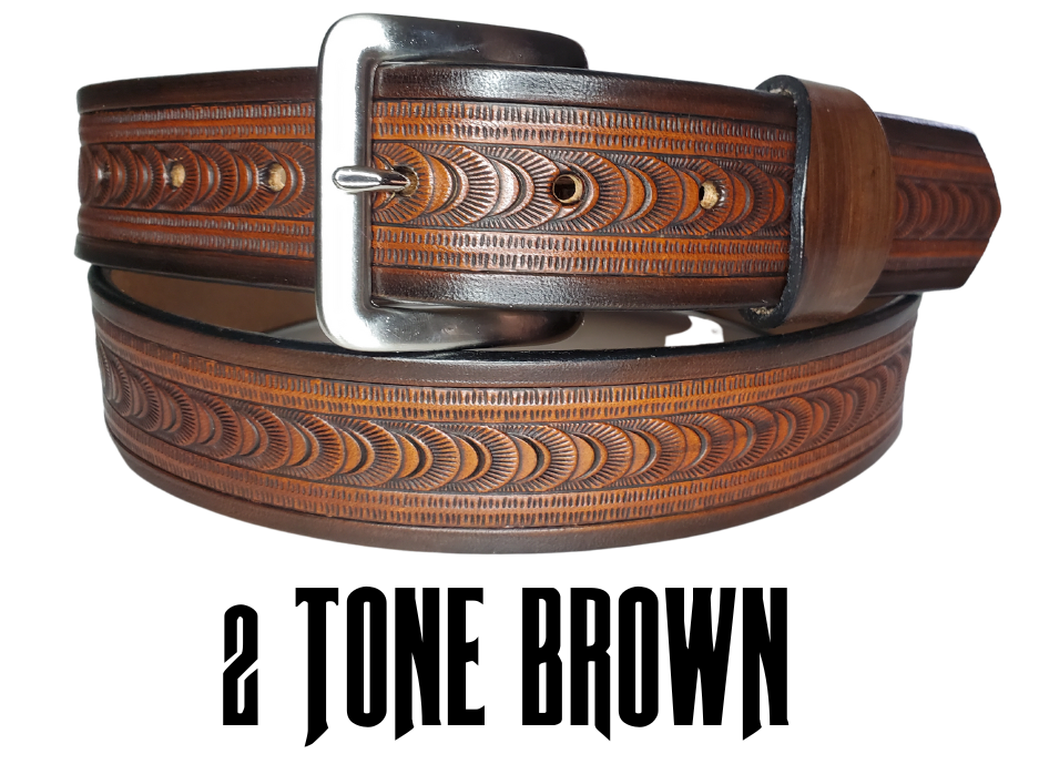 "The East Ridge" handmade all leather belt is made from a single strip of Veg-tan cowhide. The hand finished Veg-tan that is 9-10 oz., or approx. 1/8" thick in 3 color options.  The width is 1 1/2". The antique nickel plated solid brass buckle is snapped in place. This belt is made just outside Nashville in Smyrna, TN. Perfect for casual and dress wear, it can be for personal use or for groomsman gifts or other gifts as well.