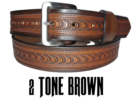 "The East Ridge" handmade all leather belt is made from a single strip of Veg-tan cowhide. The hand finished Veg-tan that is 9-10 oz., or approx. 1/8" thick in 3 color options.  The width is 1 1/2". The antique nickel plated solid brass buckle is snapped in place. This belt is made just outside Nashville in Smyrna, TN. Perfect for casual and dress wear, it can be for personal use or for groomsman gifts or other gifts as well.