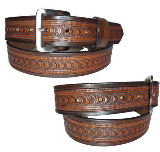 "The East Ridge" handmade all leather belt is made from a single strip of Veg-tan cowhide. The hand finished Veg-tan that is 9-10 oz., or approx. 1/8" thick in 3 color options.  The width is 1 1/2". The antique nickel plated solid brass buckle is snapped in place. This belt is made just outside Nashville in Smyrna, TN. Perfect for casual and dress wear, it can be for personal use or for groomsman gifts or other gifts as well.