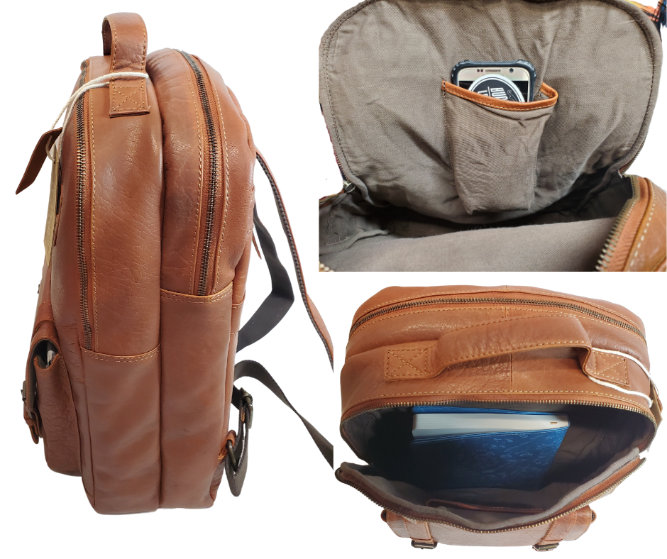 The Educator, a sturdy Leather backpack is available at our Smyrna, TN shop not far from Nashville. It has one front zip pocket, a front pouch that closes by a flap with clasps
accented with decorative adjustable straps. A forward main compartment that zips closed and contains a narrow inside open pocket for glasses, pencils, or phone, and is topped with a leather handle.