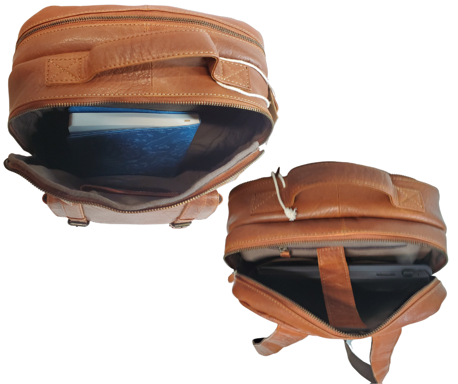 The Educator, a sturdy Leather backpack is available at our Smyrna, TN shop not far from Nashville. It has one front zip pocket, a front pouch that closes by a flap with clasps
accented with decorative adjustable straps. A forward main compartment that zips closed and contains a narrow inside open pocket for glasses, pencils, or phone, and is topped with a leather handle.