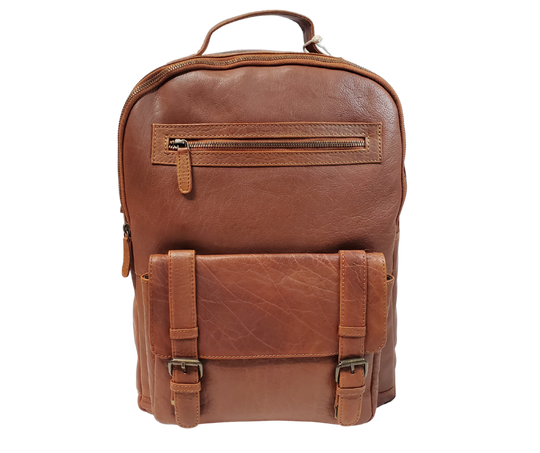The Educator, a sturdy Leather backpack is available at our Smyrna, TN shop not far from Nashville. It has one front zip pocket, a front pouch that closes by a flap with clasps
accented with decorative adjustable straps. A forward main compartment that zips closed and contains a narrow inside open pocket for glasses, pencils, or phone, and is topped with a leather handle.
