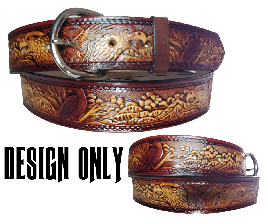 This All American Eagle leather belt features Wild Eagles in an antiqued Brown finish with a 1 1/2" width. It is crafted from full grain veg-tanned cowhide, with smooth burnished painted edges and a nickel-plated buckle. For customizing, simply type your desired name or No Name in the "Type Name Here" section,  the buckle can be easily interchanged as well. This product is in stock at our Smyrna, TN shop