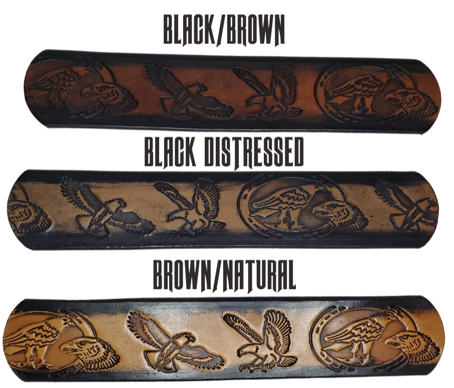 "The "Where Eagles Dare" is a handmade real leather belt made from a single strip of cowhide shoulder leather that is 8-10 oz. or approx. 1/8" thick. It has hand burnished (smoothed) edges and a 3 types of Eagles pattern. This belt is completely HAND dyed with a multi step finishing technic. The removeable antique nickel plated solid brass buckle is snapped in place with heavy snaps. Type Name or No Name in the Name box. This belt is made just outside Nashville in Smyrna, TN.