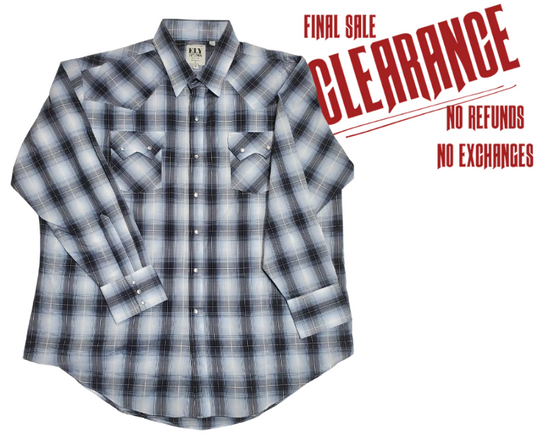 Keep your country roots alive with this new Ely Cattleman plaid shirt! Complete with two front flap pockets, pearl snap details in the vintage plaid pattern. These never go out of style, always a in style! Available in our Smyrna, TN shop just outside Nashville. Imported...Note: the Plaid colors Blue, Red, and Black will always be the base color BUT the tones may change occasionally. The yokes snaps will be the same as well.

See Size chart for correct fit
65% Polyester 35% Cotton
Easy Care Fabric