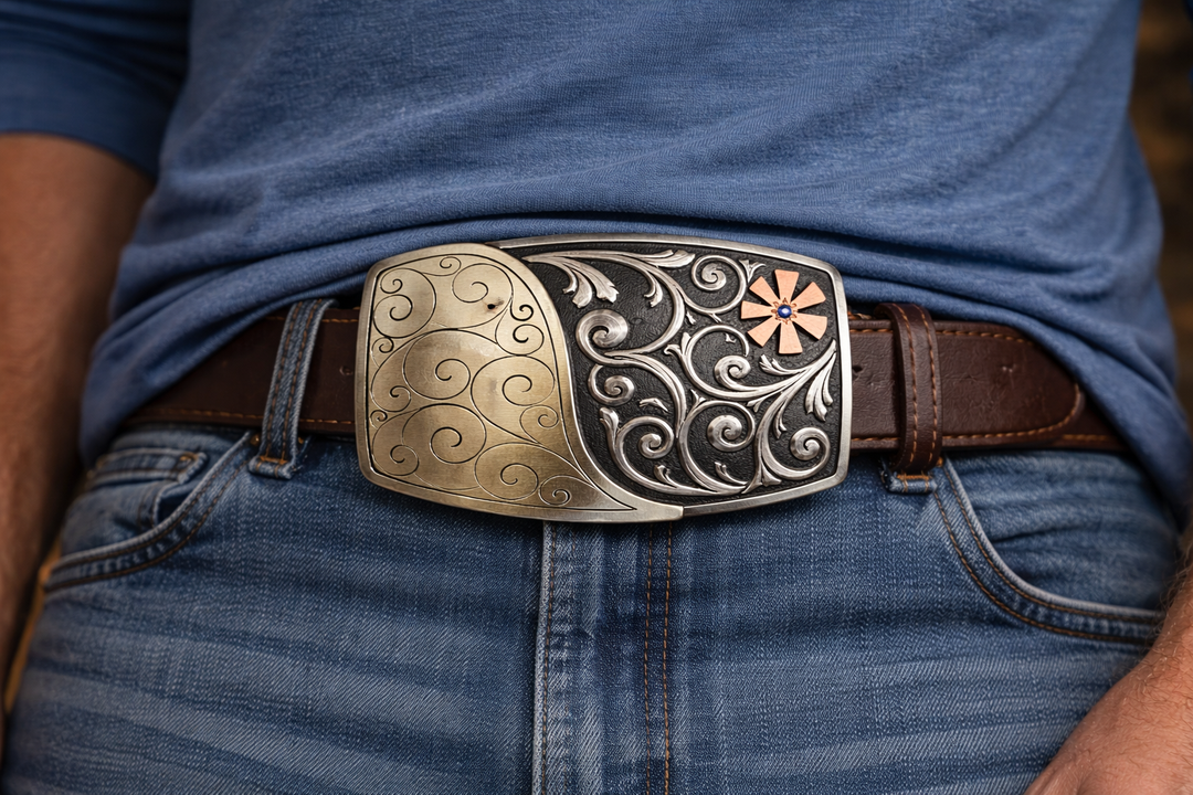 The Endless Breeze Belt Buckle has a more contemporary design accented with multi Scrolls divided into right and left colors and a Copper colored cog wheel on the top right. Made from German Silver and engraved and layered metals in a tri-color design. Available in our Smyrna, TN shop, a short distance from Nashville.

Dimensions: Width 4”, Height 2.7”
Standard 1.5” Swivel