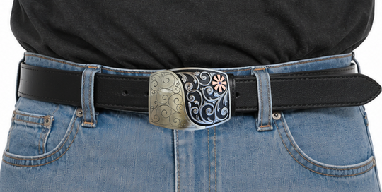 The Endless Breeze Belt Buckle has a more contemporary design accented with multi Scrolls divided into right and left colors and a Copper colored cog wheel on the top right. Made from German Silver and engraved and layered metals in a tri-color design. Available in our Smyrna, TN shop, a short distance from Nashville.

Dimensions: Width 4”, Height 2.7”
Standard 1.5” Swivel