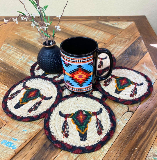 The Dry Gulch Braided Jute Coasters are approx. 6" round with stenciled southwest patterns. Made from a durable and long-lasting natural Jute material. Now available in our Smyrna, TN shop

Made in India
Choose from 3 offered patterns.
Get a deal when you buy a set of 6.