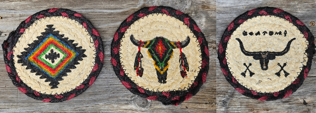 The Dry Gulch Braided Jute Coasters are approx. 6" round with stenciled southwest patterns. Made from a durable and long-lasting natural Jute material. Now available in our Smyrna, TN shop

Made in India
Choose from 3 offered patterns.
Get a he Dry Gulch Braided Jute Coasters are approx. 6" round with stenciled southwest patterns. Made from a durable and long-lasting natural Jute material. Now available in our Smyrna, TN shop

Made in India
Choose from 3 offered patterns.
Get a deal when you buy a set of 6.