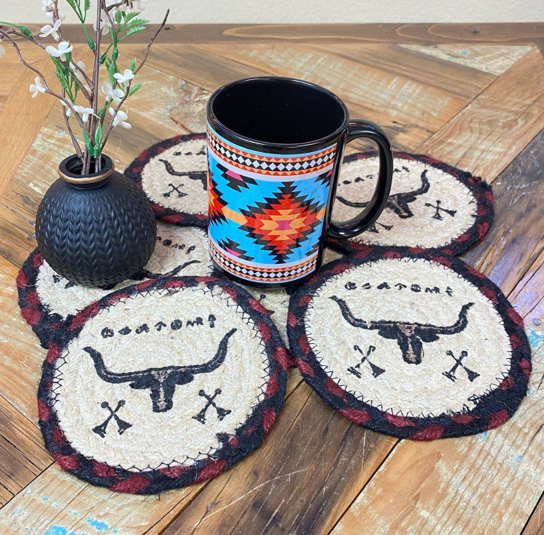 The Dry Gulch Braided Jute Coasters are approx. 6" round with stenciled southwest patterns. Made from a durable and long-lasting natural Jute material. Now available in our Smyrna, TN shop

Made in India
Choose from 3 offered patterns.
Get a deal when you buy a set of 6.
