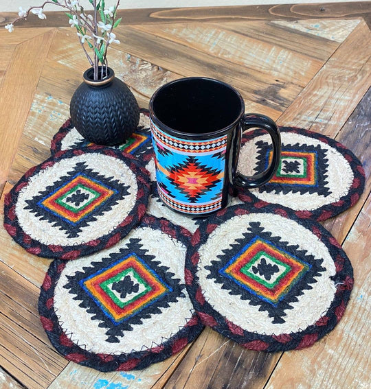 The Dry Gulch Braided Jute Coasters are approx. 6" round with stenciled southwest patterns. Made from a durable and long-lasting natural Jute material. Now available in our Smyrna, TN shop

Made in India
Choose from 3 offered patterns.
Get a deal when you buy a set of 6.