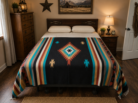Zapotec Southwest Blanket are rich earth tone colors and classic geometric patterns making these blankets a worldwide favorite. The perfect Southwest Home accent and now available in our Smyrna, TN shop not far from Franklin.

Zapotec Blanket 5 diamonds in black with turquoise and brown
Handwoven 80% acrylic and 20% cotton.
Made in India.
Apx. 5&